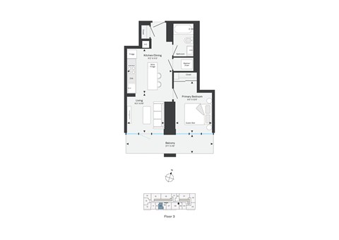 Floor plan for 1 bed, 1 bath, 521 sqft